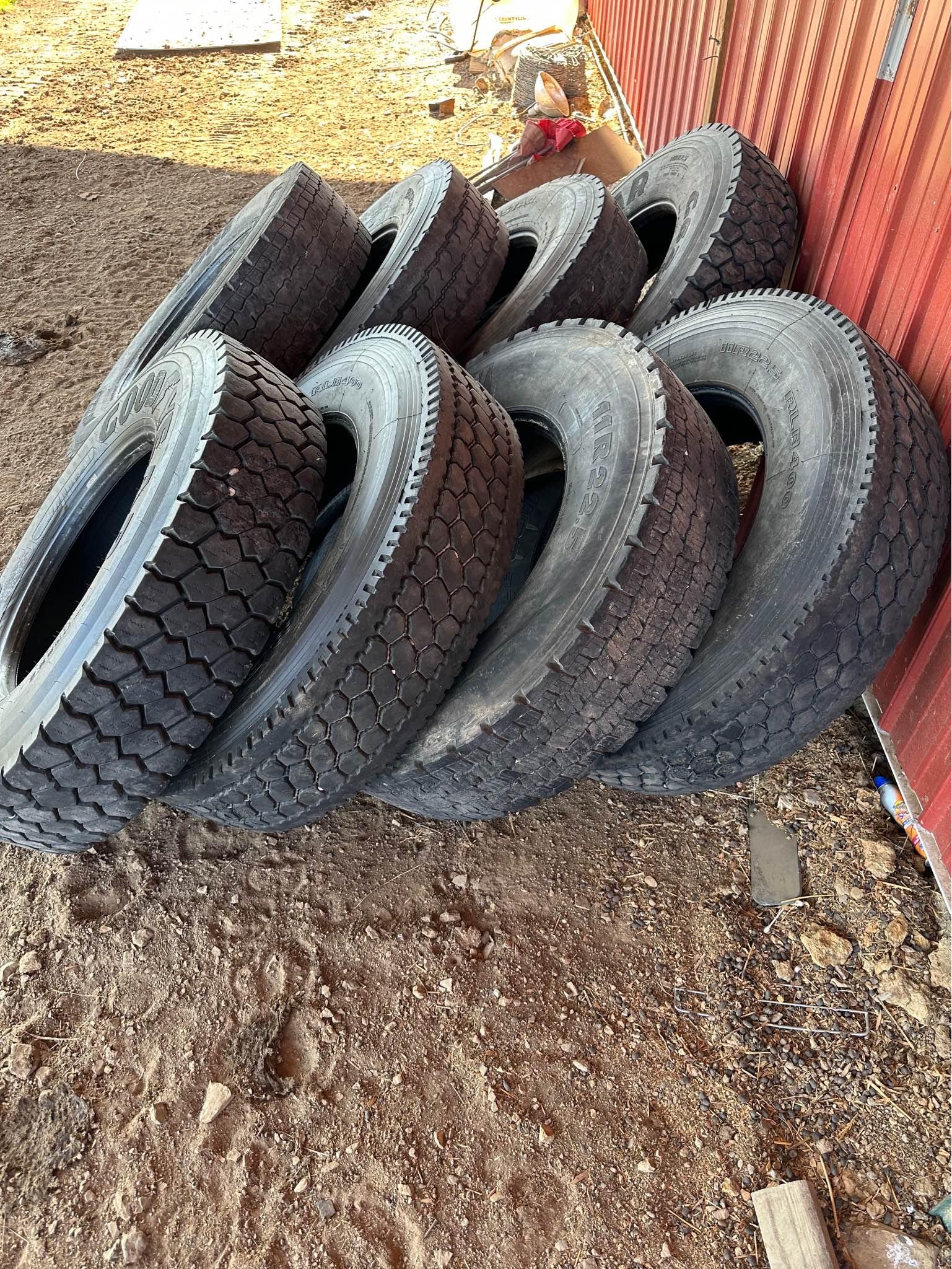 Full set of 8 used 11r 22.5 110 a tire and 1 brand new 11r 22.5 225 2